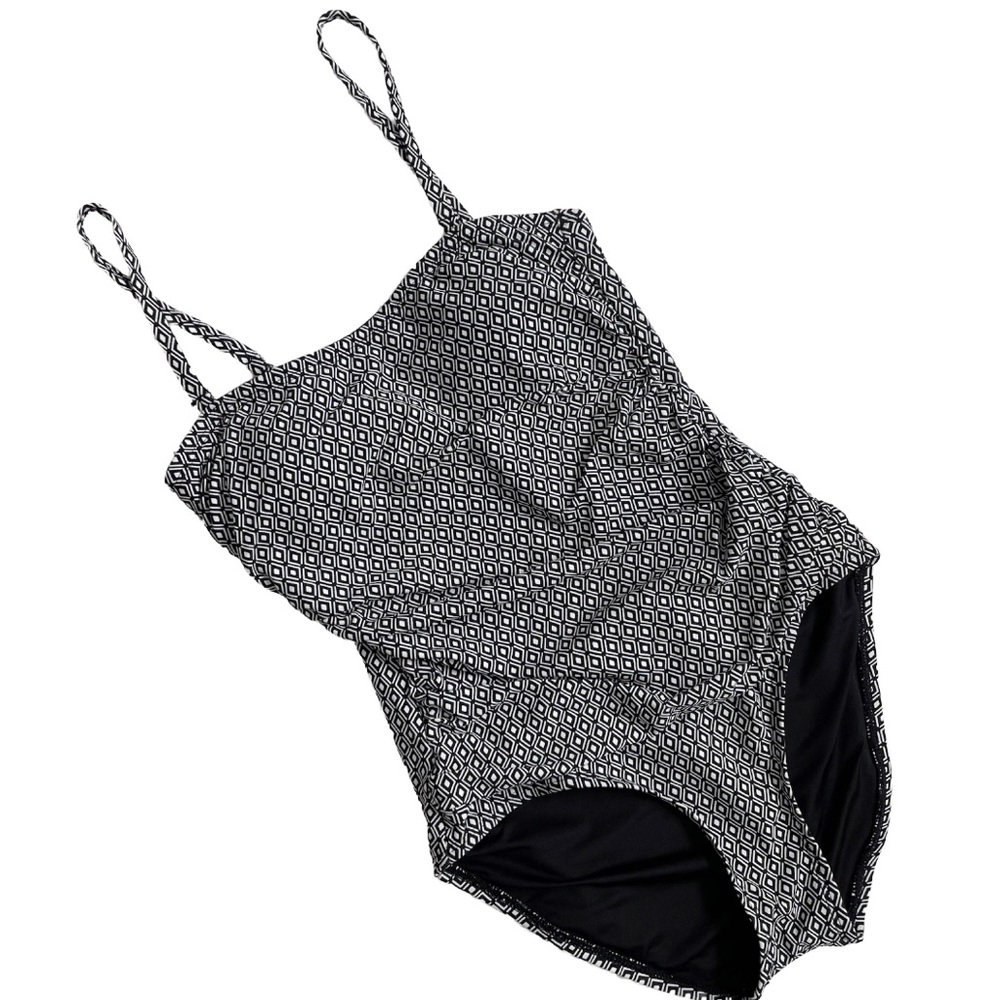 DKNY Swimsuit One Piece Geometric Padded Shelf Bra Ruching Boning Black White